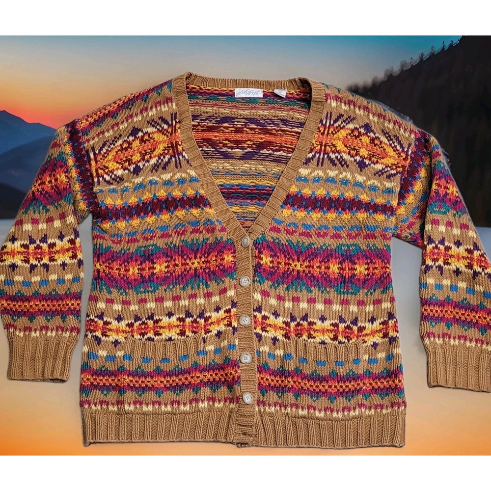 VTG Lord & Taylor Sweater‎ Womens M Heavyweight Fair Isle Cardigan Southwestern
